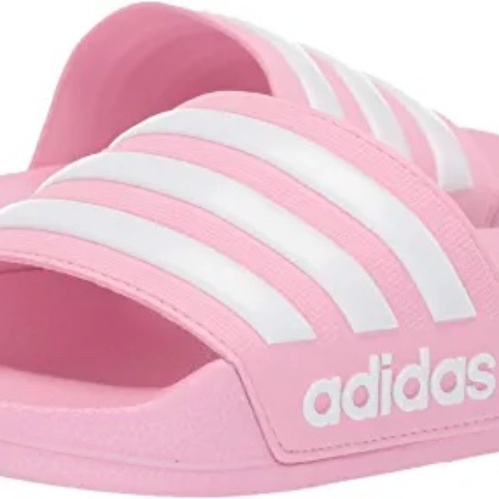 Adidas Girls Adilette Pink Slide Sandals With White Stripes - Picture 2 of 6